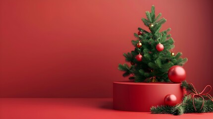 3D Red Cylinder Podium with Green Christmas Tree and Ornaments