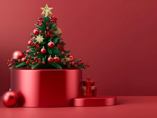 Red Cylinder Pedestal with Modern Green Christmas Tree and Ornaments for Product Presentation