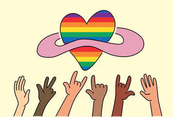 simple doodle illustration rainbow heart as a planet and people arms lgbt and pride in vector. image for posters, stickers, logo, cards, invitations