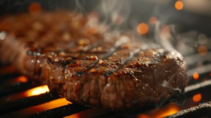 Gourmet steak grilled to perfection, close-up, with bokeh