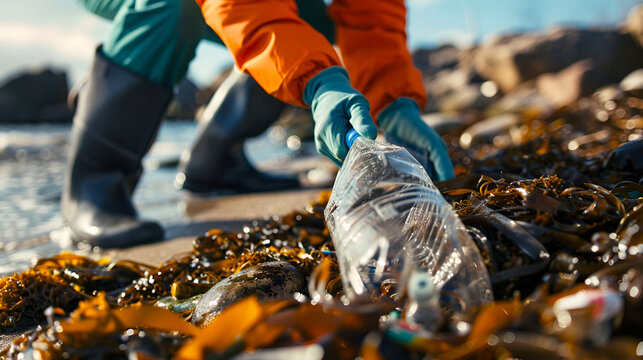 Volunteer collecting plastic waste on rocky beach for ocean cleanup