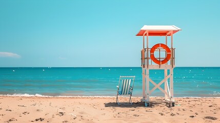 Lifeguard Tower on Serene Beach with Tranquil Ocean View