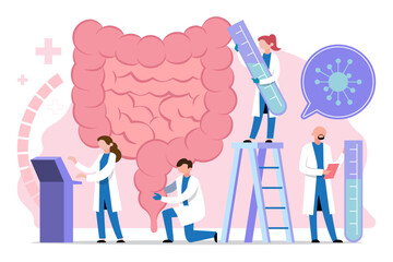 Medical health care. Human intestine  vector. Doctor check and treat intestine .Health care and digestive system health treatment .Modern process Intestinal inner organs disease treatment design.