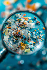 Macro shot on a bunch of microplastics that cannot be recycled. Close-up on micro plastic particles under a magnifying glass. Concept for water pollution and global warming