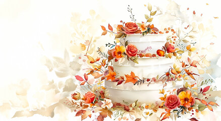 Elegant floral cake for special celebrations. Watercolor style, copy space