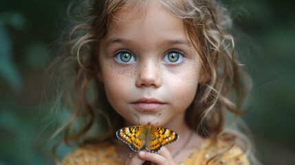 Naklejka premium A Little Girls Gentle Touch on a Butterfly in a Summer Forest. Generative AI