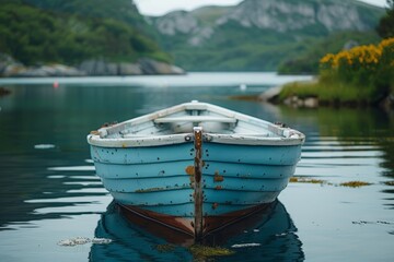 Obraz premium A picturesque image depicting a blue rowboat floating peacefully in a serene mountainous lake, surrounded by lush greenery and a tranquil, reflective water surface.