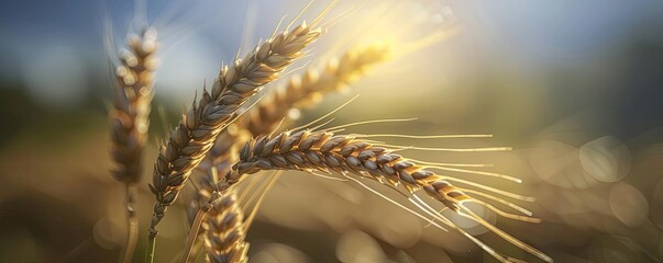 Close-up of golden wheat ears in a sunlit field, showcasing the beauty of agriculture and the richness of the harvest season.