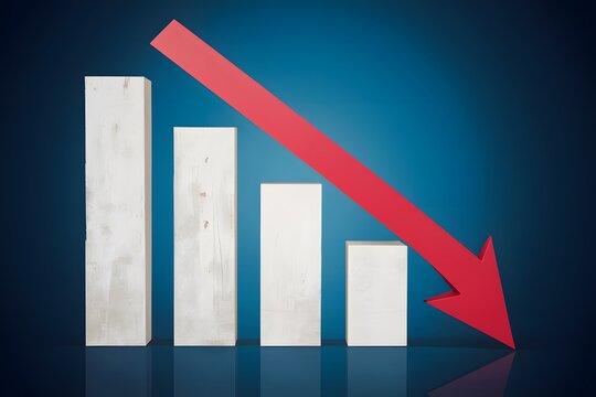 Vertical bar graph, bars decrease left to right, red arrow points down