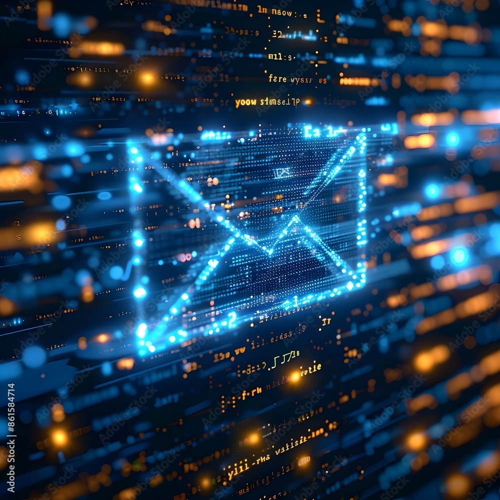 Poster futuristic email icon in a digital code matrix with copy space