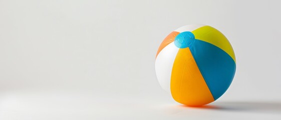 Colorful beach ball, partially deflated, white setting, rule of thirds, copy space