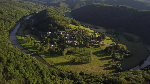 Aerial View of Frahan and Rochehaut, Belgium. A Picturesque River Valley