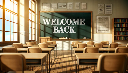 An empty classroom set up for the start of the new school year, with desks arranged and a "Welcome Back" message on the chalkboard 
