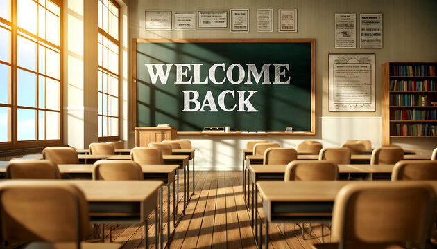 An empty classroom set up for the start of the new school year, with desks arranged and a "Welcome Back" message on the chalkboard 