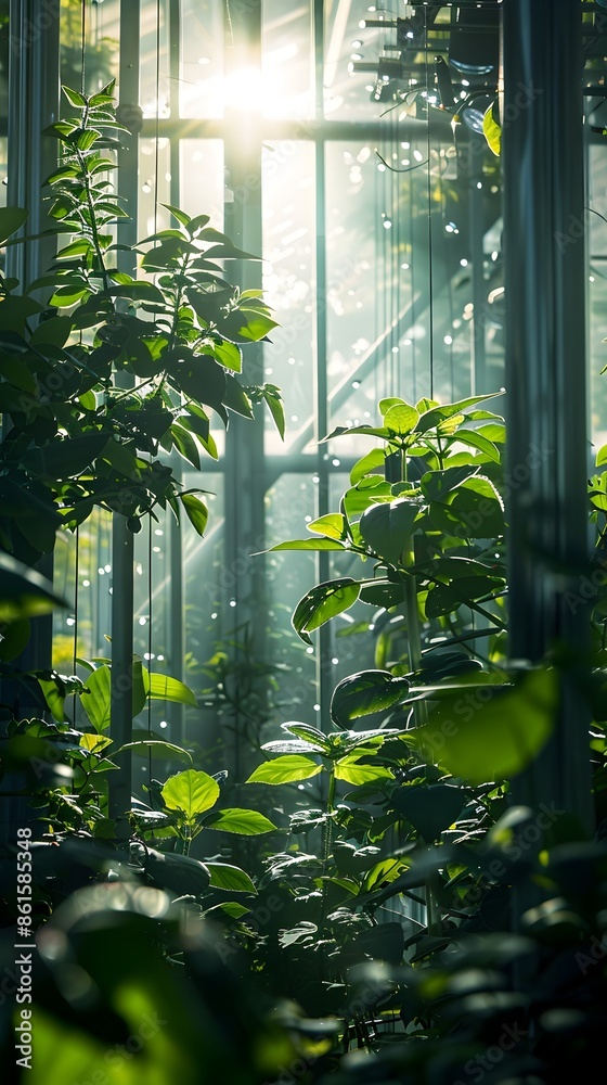 Poster Thriving Vertical Farm Greenhouse Bathed in Natural Sunlight Sustainable Agriculture and Ecology Concept