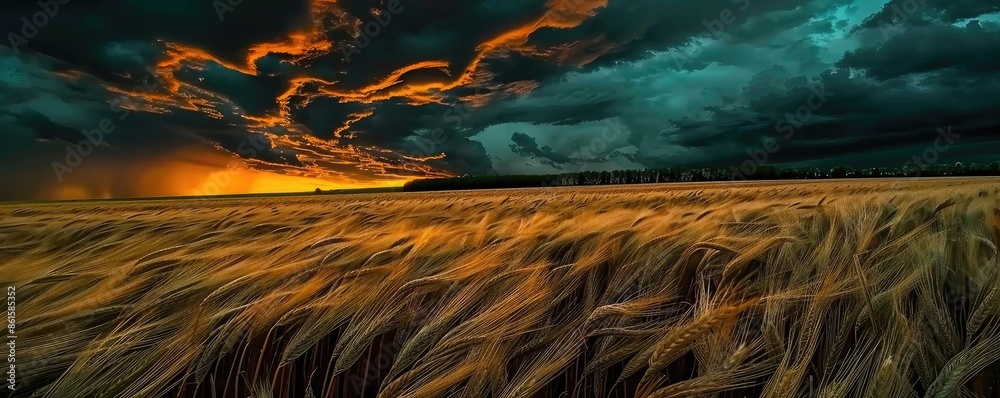 Poster dramatic sunset over a golden wheat field under a stormy sky, capturing the contrast between the dar