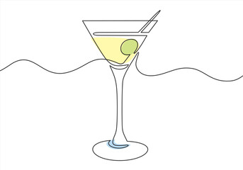 Continuous one line drawing. Martini with olives. Vector illustration