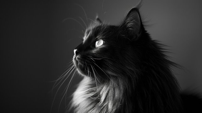 Black and white photo of elegant cat with long hair, gazing off into the distance, captured in high contrast lighting. The background is a dark grey to accentuate its features. International cat day.