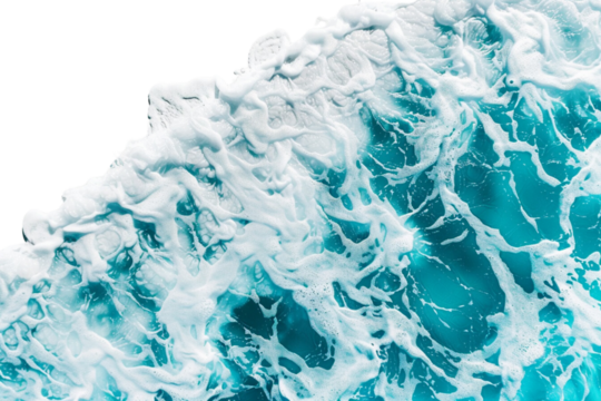 Top view of beautiful transparent turquoise water with ripples and waves isolated on white background