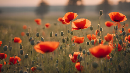 Fototapeta premium Artifical Intelligence generated vivid colorful landscape scenery. Poppy flower background in nature on the mountains. AI generated image