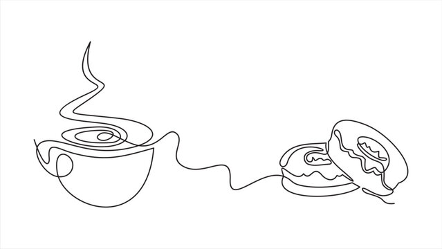 Coffee cup and cake one line continuous drawing. Vector illustration. Hand drawn linear silhouette. Dessert icon. Minimal design, print, banner, card, product logo, brochure, menu, bakery shop.