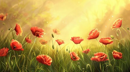 Fototapeta premium Red poppies flowers in the field at sunset.