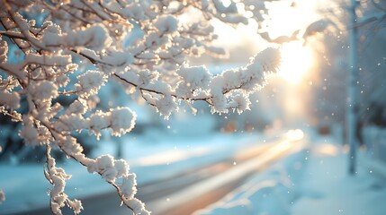Serene Snowy City Street with Blossoming Trees and Soft Light