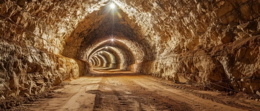 An illuminated underground potash mining tunnel featuring rough, stratified rock walls and a dusty floor. The tunnel extends into the distance, showcasing the rugged mining environment