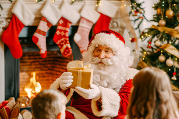 Santa Claus with White Beard Giving a Gift to Children in Festive Living Room with Christmas Tree and Stockings, Holiday Celebration Concept.