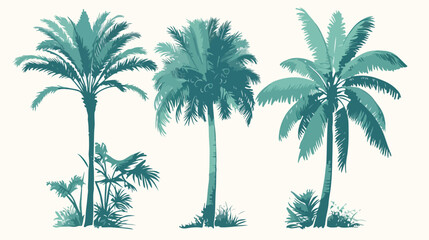 Color palm trees silhouettes. Set of tropical green 