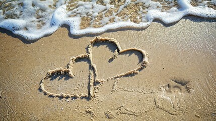 Two hearts drawn in the sand on the beach with the soft wave washing over it.