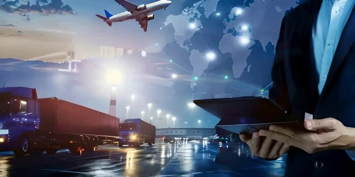A businessman holding tablet with global map and cargo trucks and plane in the background