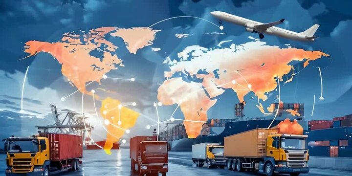 A world map with cargo ships trucks and planes on road