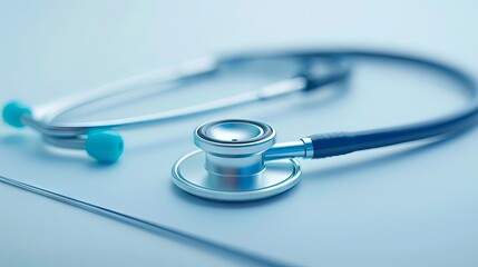 Close-up image of a stethoscope on a light blue background, symbolizing healthcare, medicine, and diagnostic tools in medical practice.