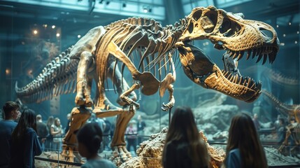 Obraz premium A striking image of a T-rex skeleton on exhibit in a bustling natural history museum, with awe-struck visitors exemplifying fascination and educational experience.