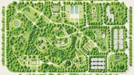 Fototapeta premium Aerial View of a Lush Green Park Complex with Pathways and Facilities