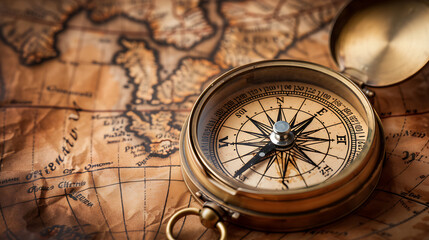 Old Vintage Compass on a old map background, Capture the spirit of exploration and adventure with a classic photo 