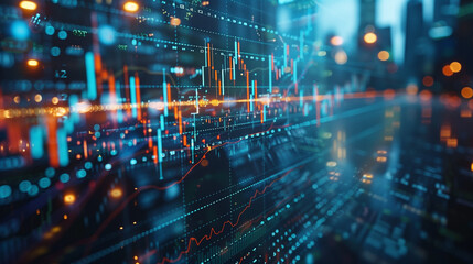 Fototapeta premium Closeup of a financial chart showcasing an uptrend candlestick graph on a blue monitor, representing stock market growth and financial analysis.