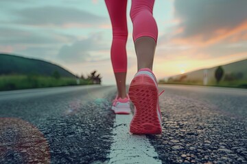 Woman in pink sneakers walking on road at sunrise. Healthy lifestyle and fitness concept.
