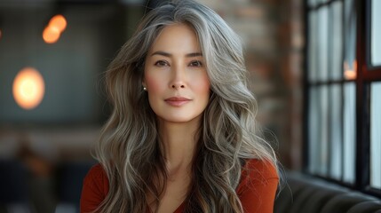 Obraz premium An elegant woman with long grey hair sits gracefully in a chic and modern ambiance, exuding confidence and wisdom, enhanced by soft, glowing light, and stylish decor.