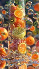 Fototapeta premium Close-up of vibrant assorted fruits in water with bubbles