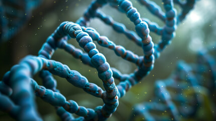 A blue and brown DNA strand with a blurry background. Concept of mystery and complexity, as the DNA is a fundamental building block of life