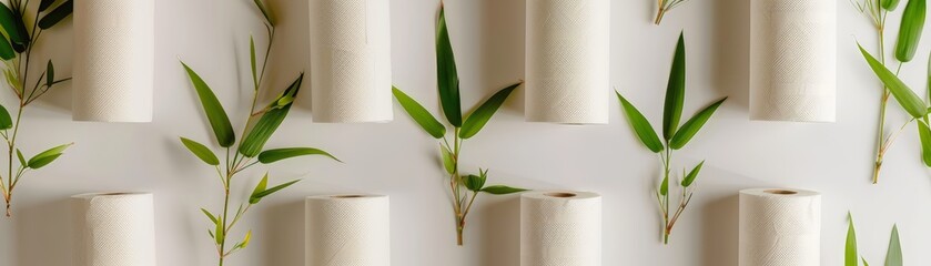 Ecofriendly bamboo toilet paper, plain rolls, white backdrop, rule of thirds, copy space