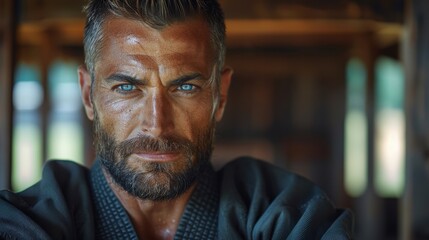 Fototapeta premium A focused man with a beard and piercing blue eyes, dressed in traditional martial arts attire, standing in a dimly lit dojo, ready for practice.