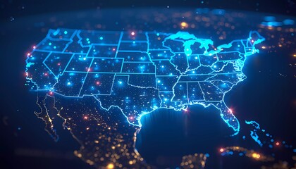 Connectivity Grid, grid-like matrix covering the USA, nodes and lines symbolizing the backbone routes of telecommunications, digital blue hue.