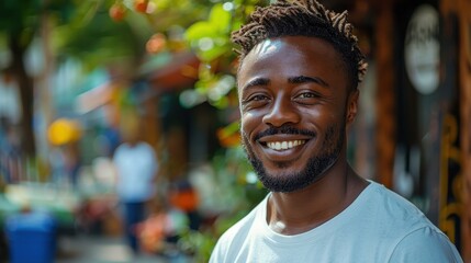 Fototapeta premium A happy man smiling and standing outdoors at a lively street market, showcasing a vibrant and diverse atmosphere filled with colors, energy, and culture.