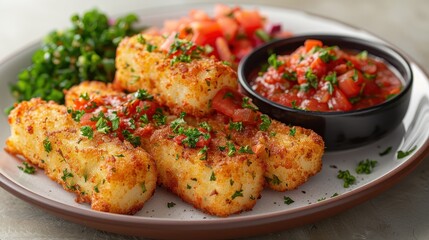 A delicious platter of crispy, golden-brown fish sticks garnished with fresh herbs and served alongside a vibrant tomato salsa, perfectly presented for a culinary delight.