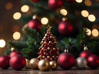 Christmas tree with red gold decorations and balls over soft bokeh lights. Generative AI