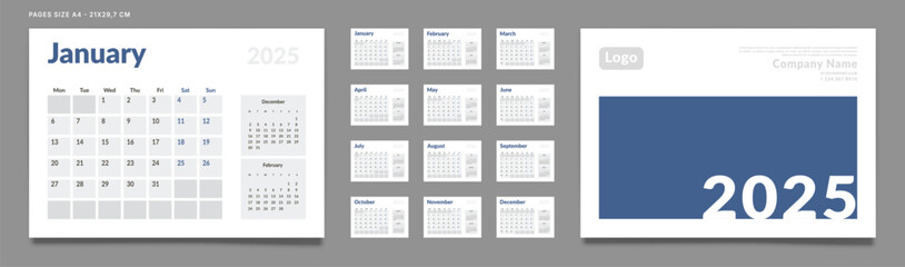 Set of 2025 Calendar Planner Template Pages Monthly, Cover with Place for Photo and Company Logo. Vector layout of a wall or desk calendar with week start Monday for printing. Page size A4-21x29.7cm