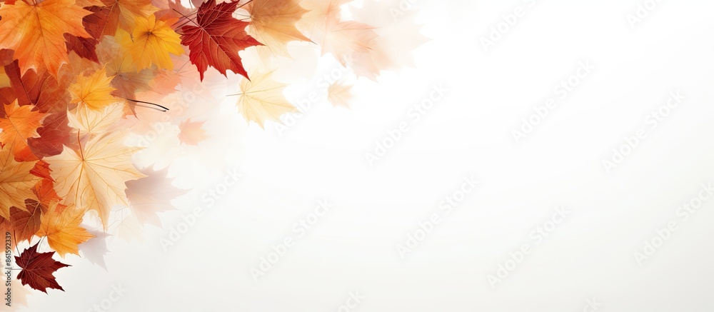 Leinwandbilder White background with falling leaves in autumn creating a copy space image for text.